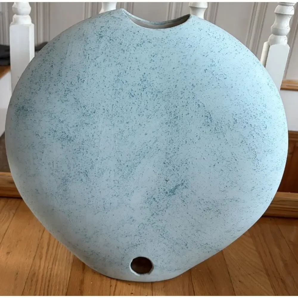Vintage Southwest Clay Pottery Vase Howling Wolf with Cactus Design Blue Green
